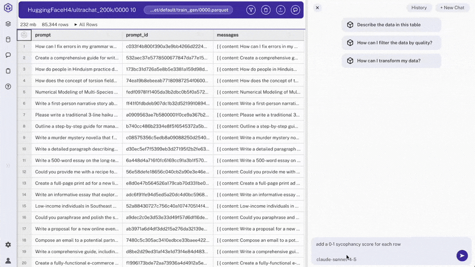 Demo showing removing sycophantic responses in Hyperparam
